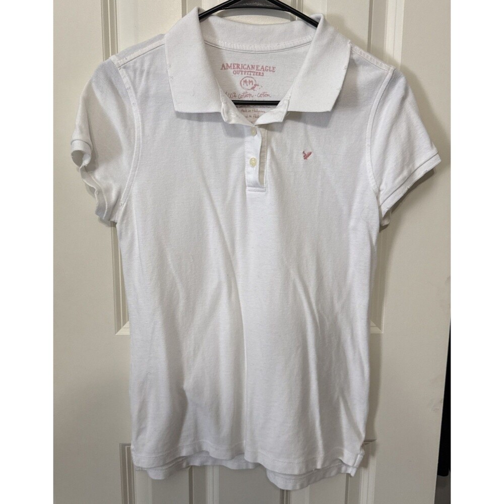 American Eagle Polo Shirt Womens Medium White Pink Eagle Distressed Cotton Y2K
